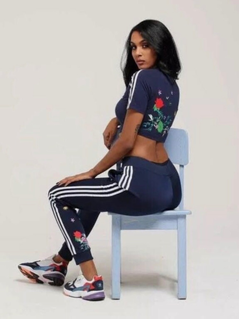 adidas Originals Navy Floral Track Pants with White Stripes